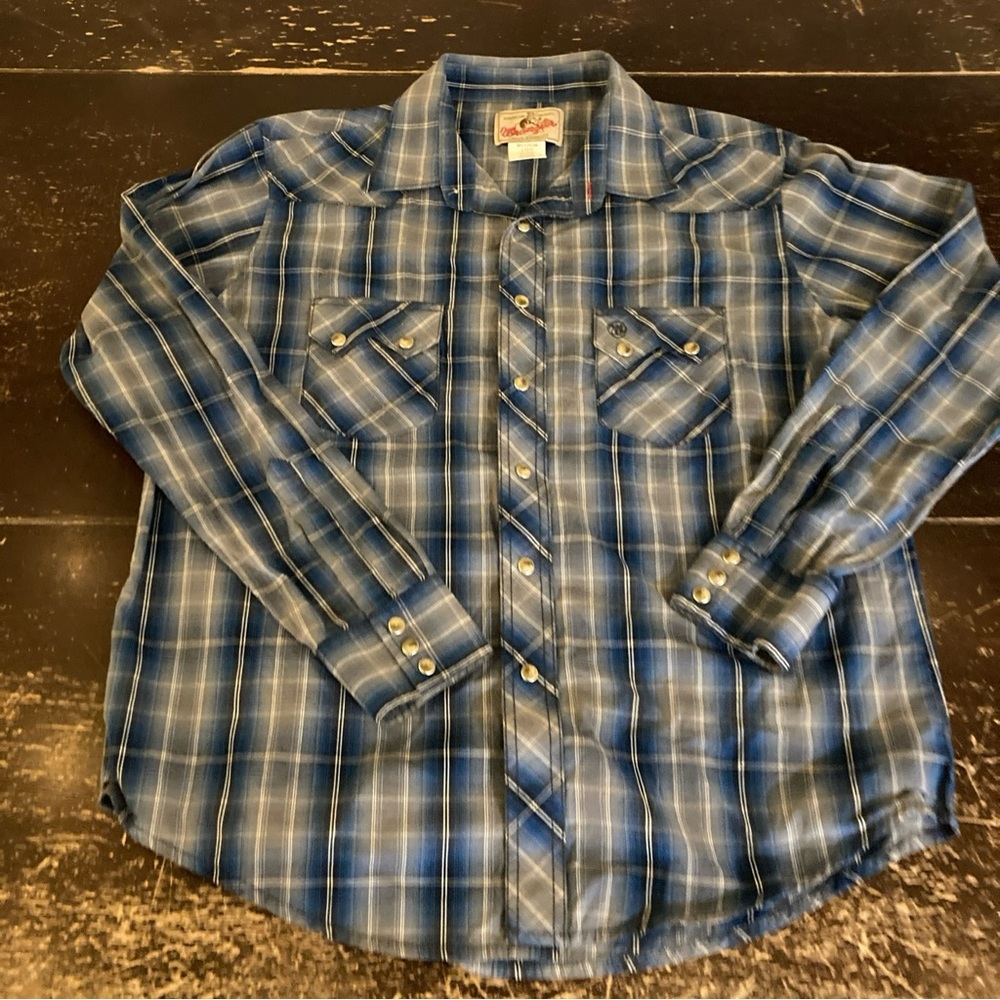 Wrangler Shirt Mens Large Blue Plaid Flannel Pearl Snap Western Cowboy Work